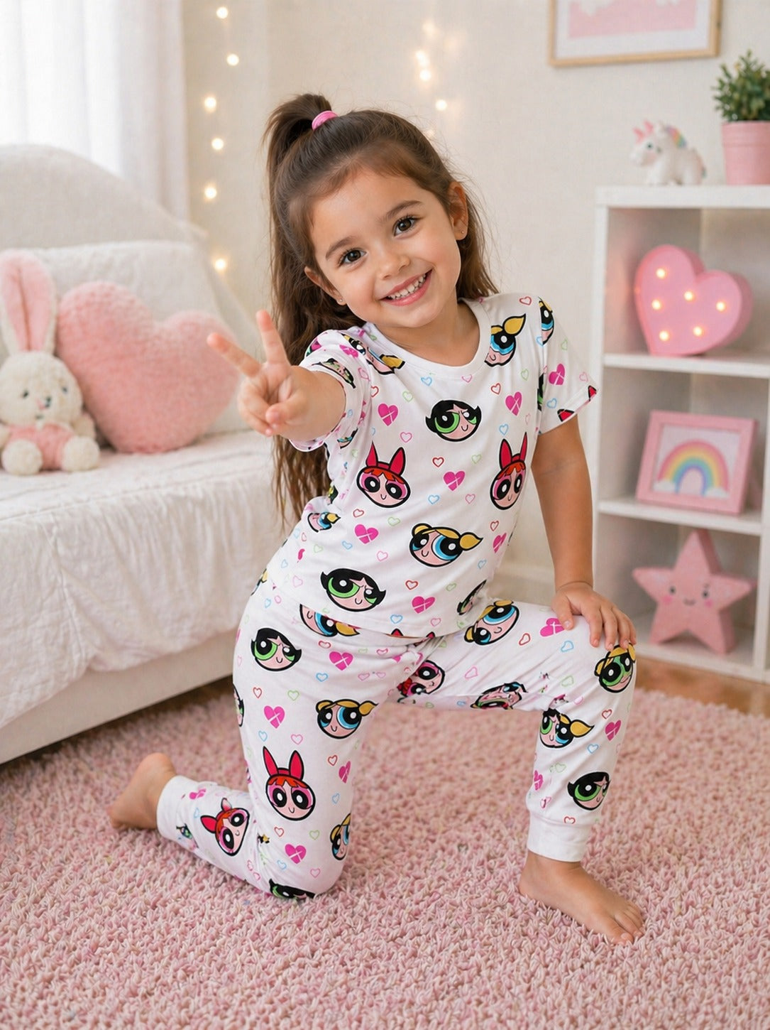 White PowerPuff Girls Printed Half Sleeves Kids Suit