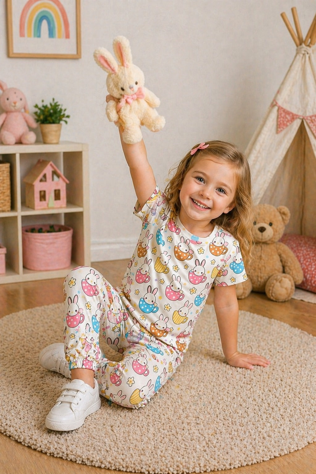 White Cute Rabbits Printed Half Sleeves Kids Suit