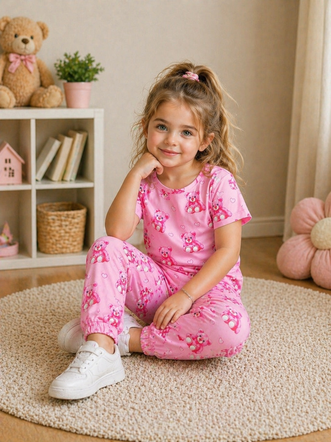 Baby Pink All Over Bears Printed Half Sleeves Kids Suit