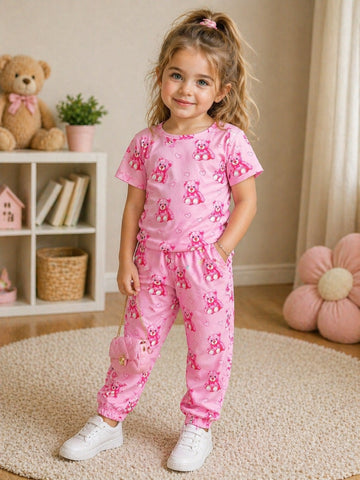 Baby Pink All Over Bears Printed Half Sleeves Kids Suit