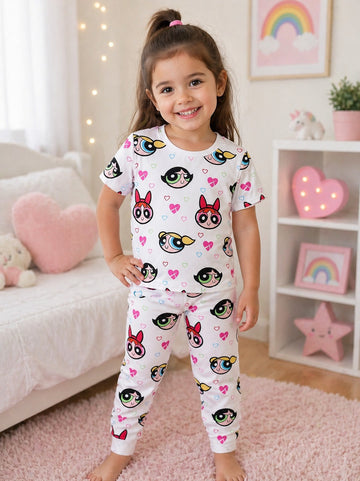 White PowerPuff Girls Printed Half Sleeves Kids Suit