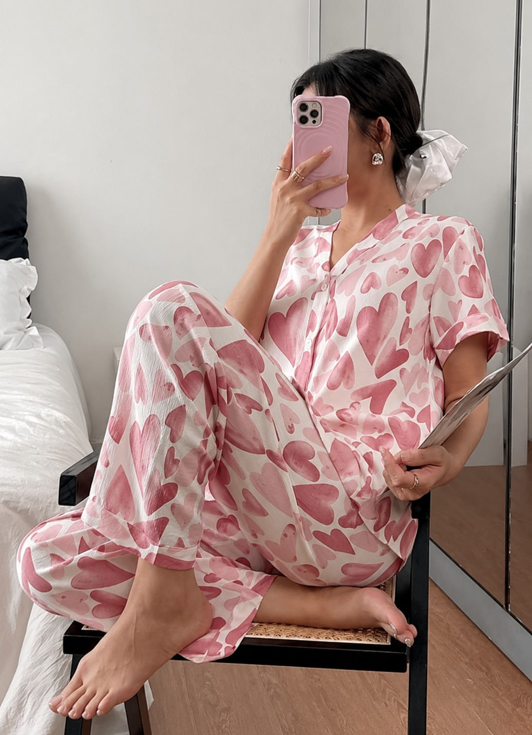 Pink Hearts Printed Half Sleeves V-Neck Button PJ Set For Her