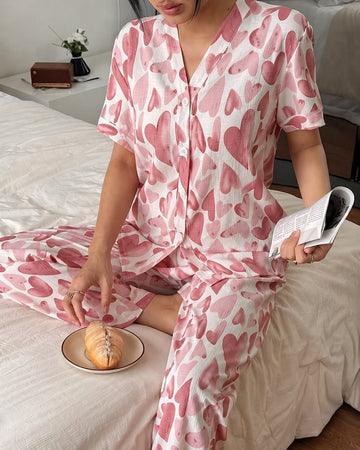 Pink Hearts Printed Half Sleeves V-Neck Button PJ Set For Her