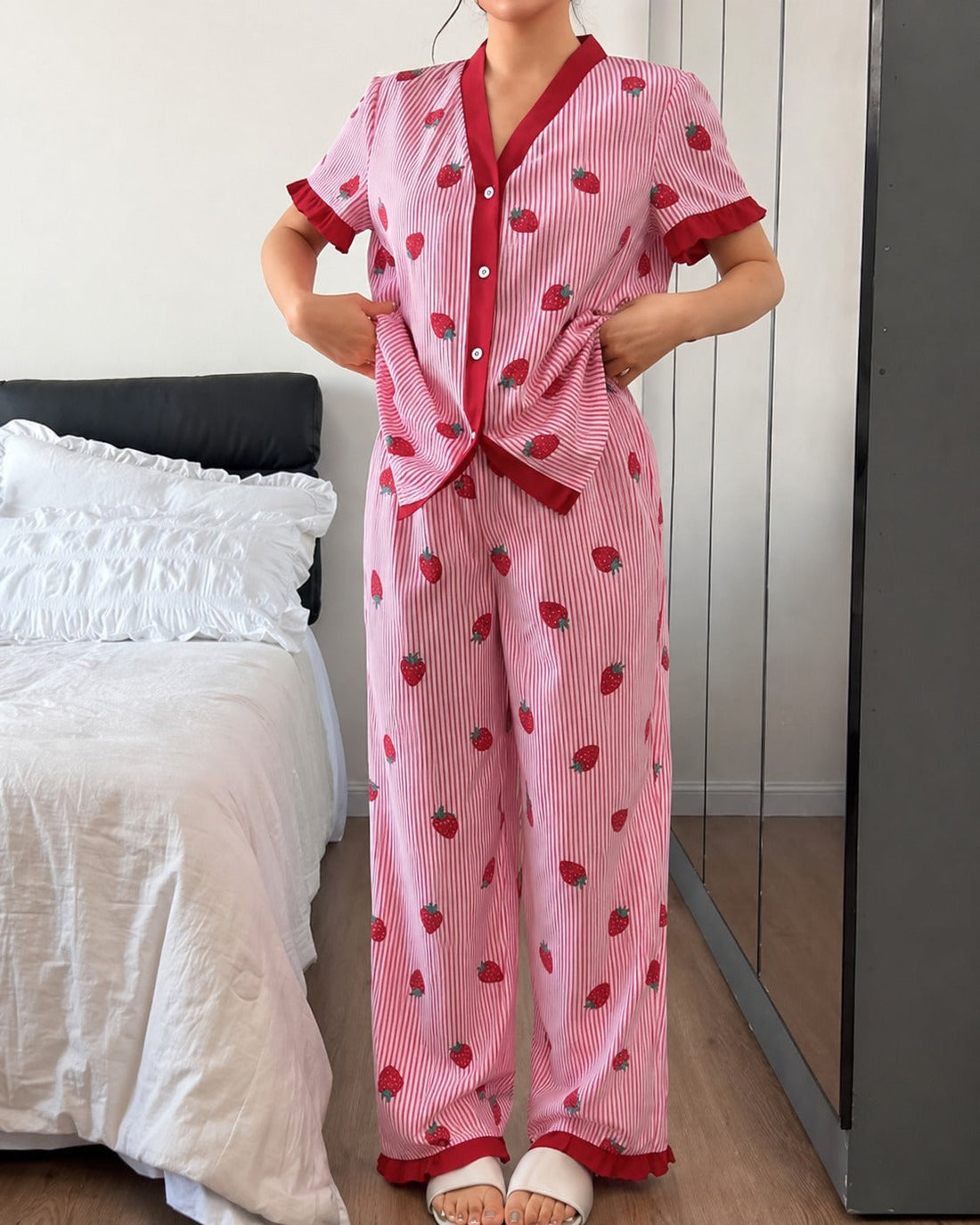 Baby Pink Strawberries with Lining Printed Half Sleeves V-Neck Button PJ Set For Her