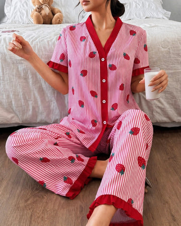 Baby Pink Strawberries with Lining Printed Half Sleeves V-Neck Button PJ Set For Her