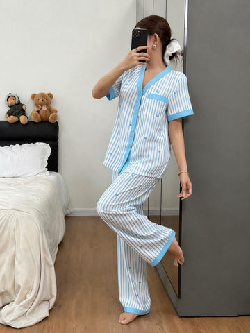 Sky Blue All Over Hearts with Lining Printed Half Sleeves V-Neck Button PJ Set For Her