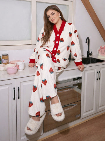 White with Red Strawberries Printed V-Neck Button PJ Set For Her