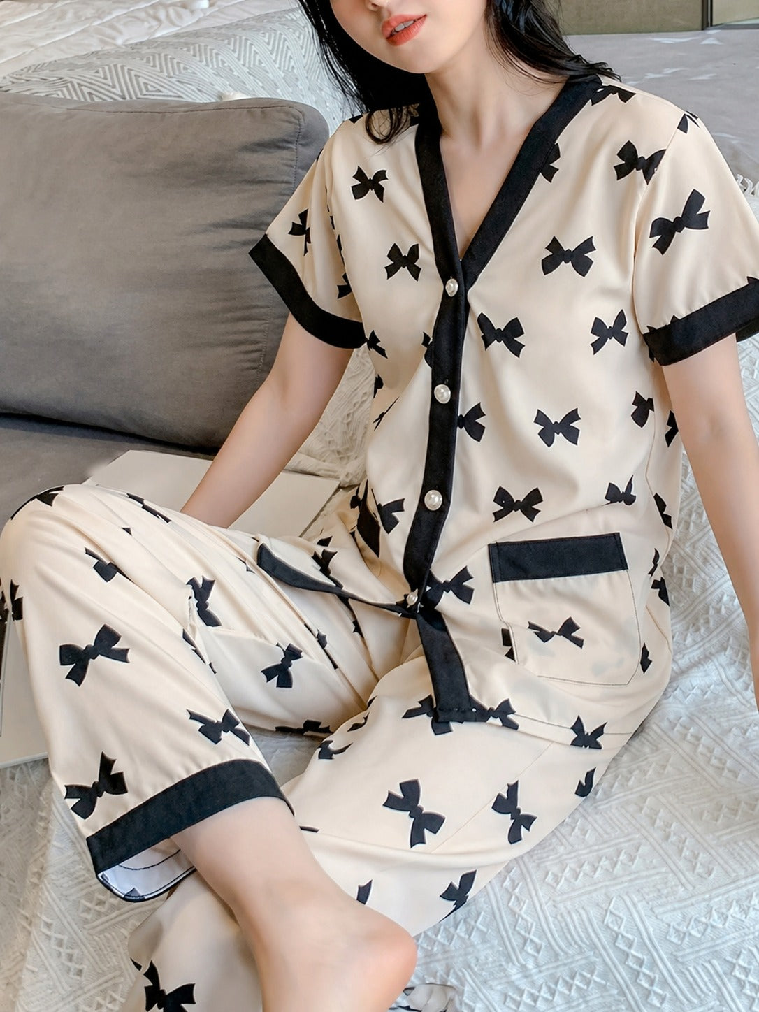 Off White with Black Bow Printed Half Sleeves V-Neck Button PJ Set For Her