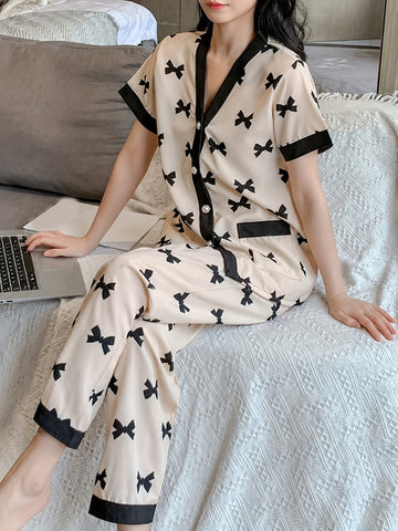 Off White with Black Bow Printed Half Sleeves V-Neck Button PJ Set For Her