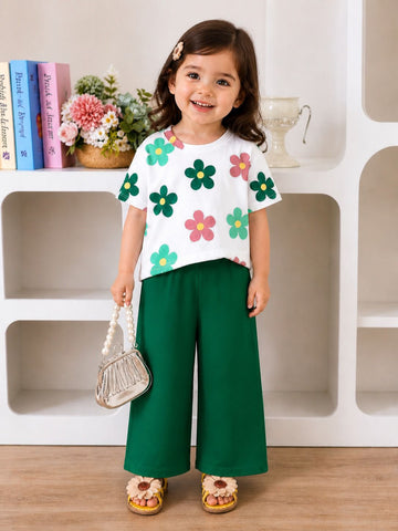 White with Green Multi Flowers Printed Half Sleeves Kids Suit