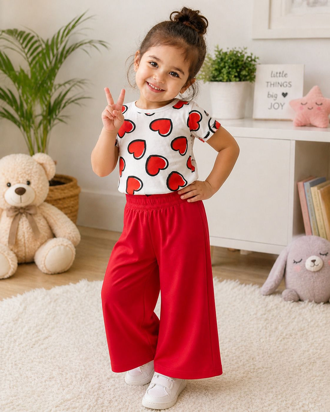 White with Red Hearts Printed Half Sleeves Kids Suit