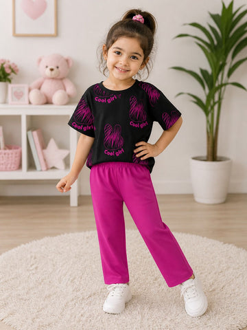 Black & Dark Pink Cool Girl with Rabit Printed Half Sleeves Kids Suit