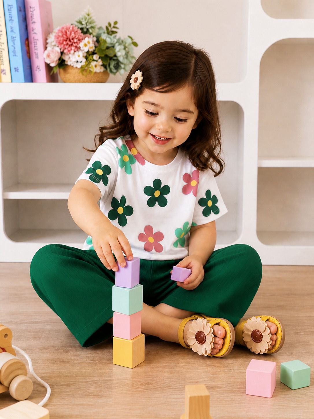 White with Green Multi Flowers Printed Half Sleeves Kids Suit
