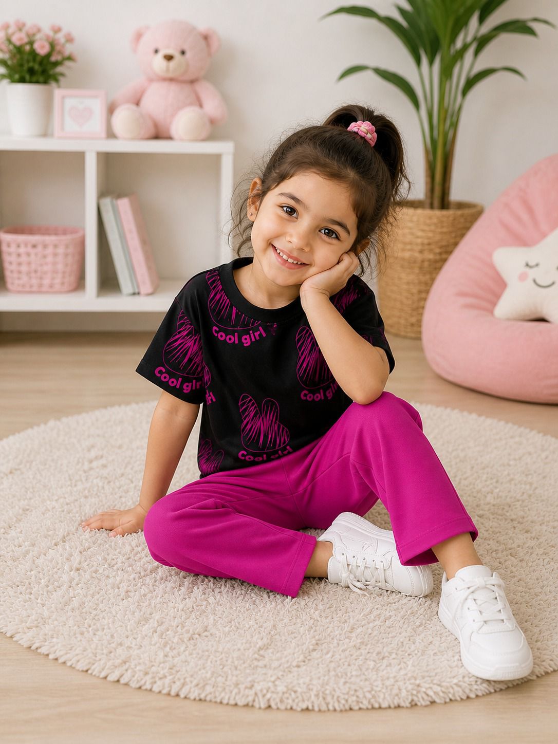 Black & Dark Pink Cool Girl with Rabit Printed Half Sleeves Kids Suit