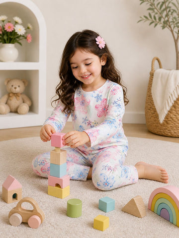 White Multi BIG Flowers Printed Half Sleeves Kids Suit
