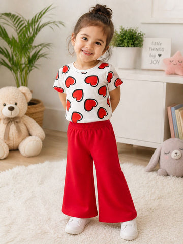 White with Red Hearts Printed Half Sleeves Kids Suit