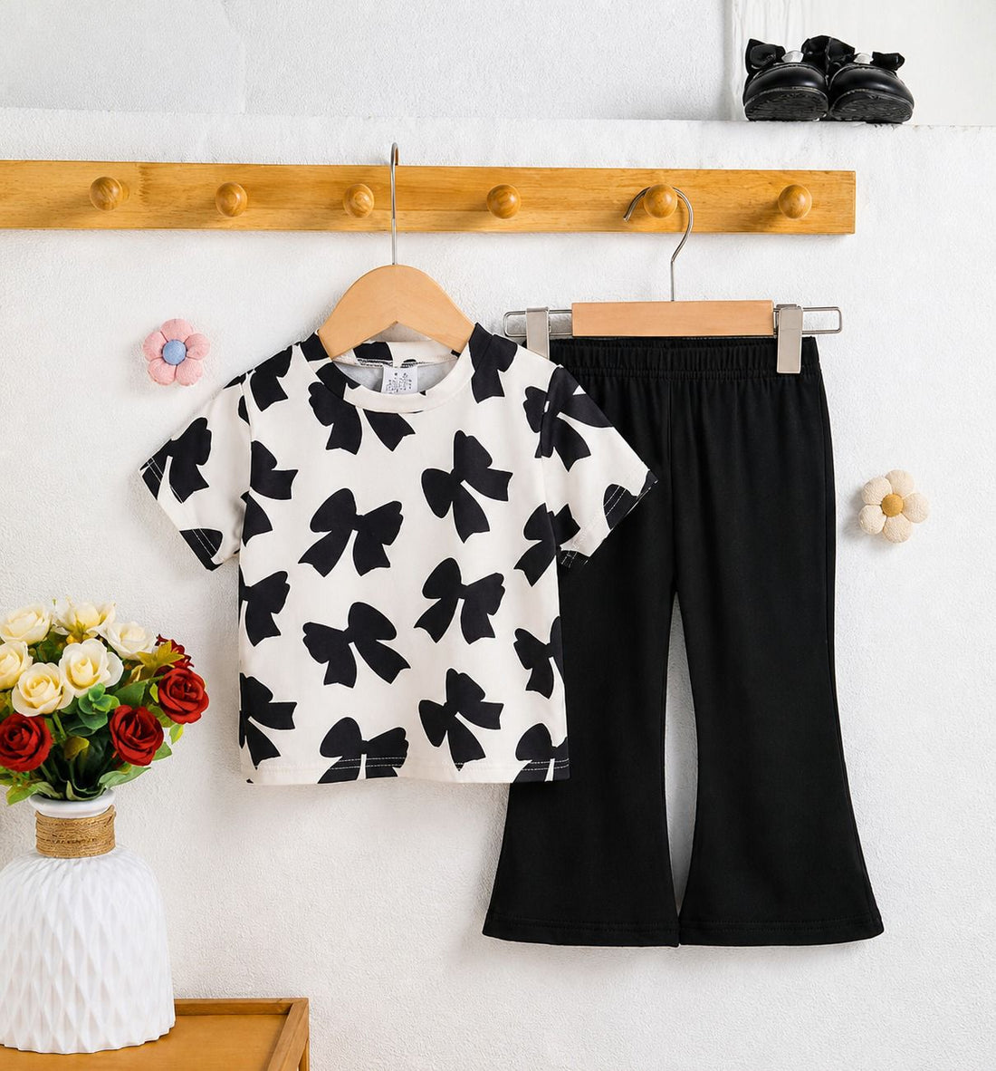White with Black Bow Printed Half Sleeves Kids Suit