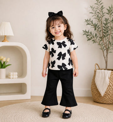 White with Black Bow Printed Half Sleeves Kids Suit
