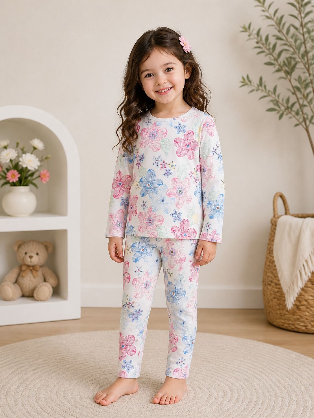White Multi BIG Flowers Printed Half Sleeves Kids Suit