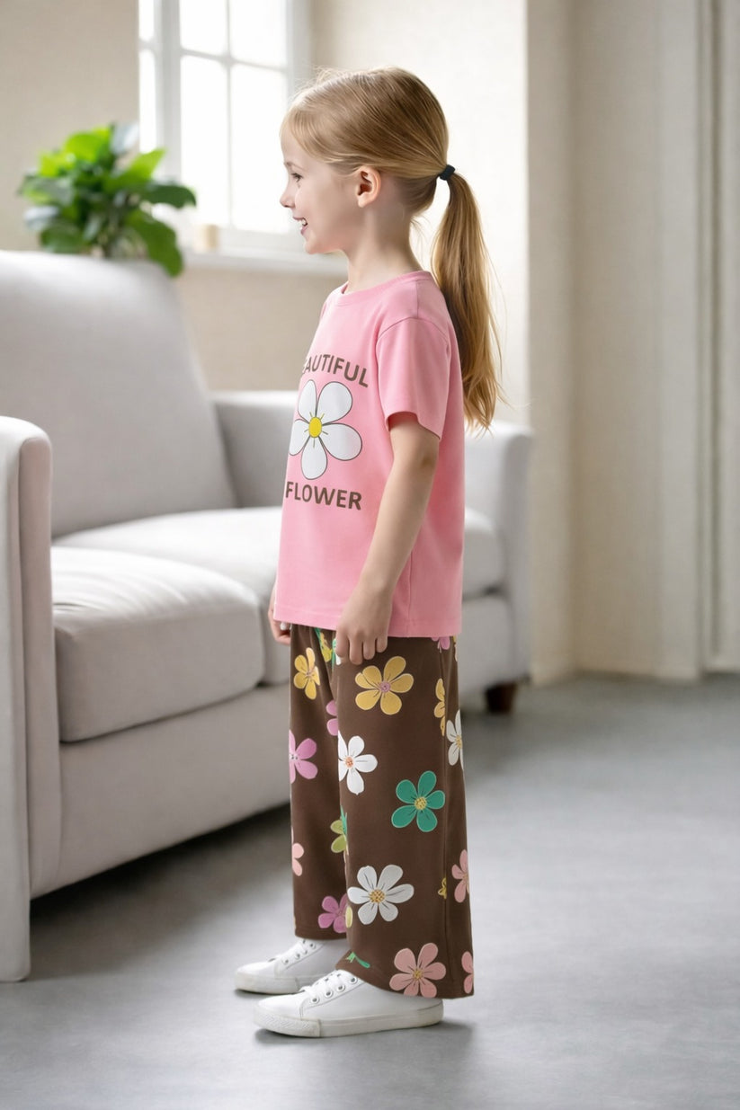Baby Pink Beautiful Flower Printed Half Sleeves Kids Suit
