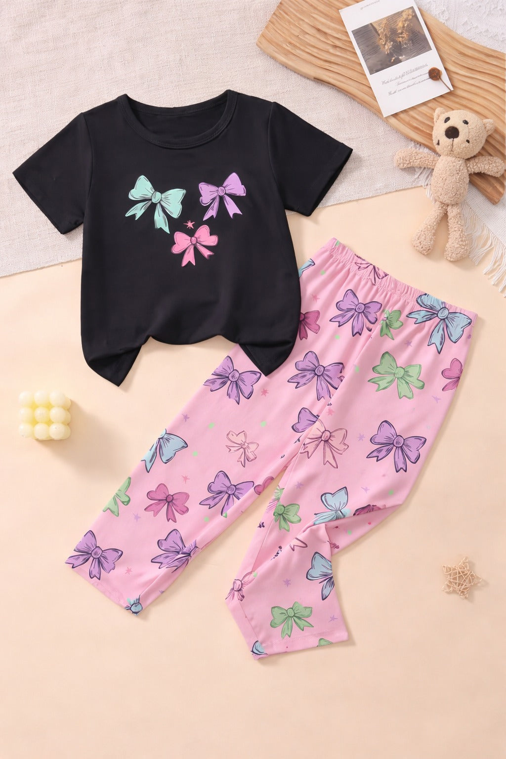 Black with Multi Bow Printed Half Sleeves Kids Suit